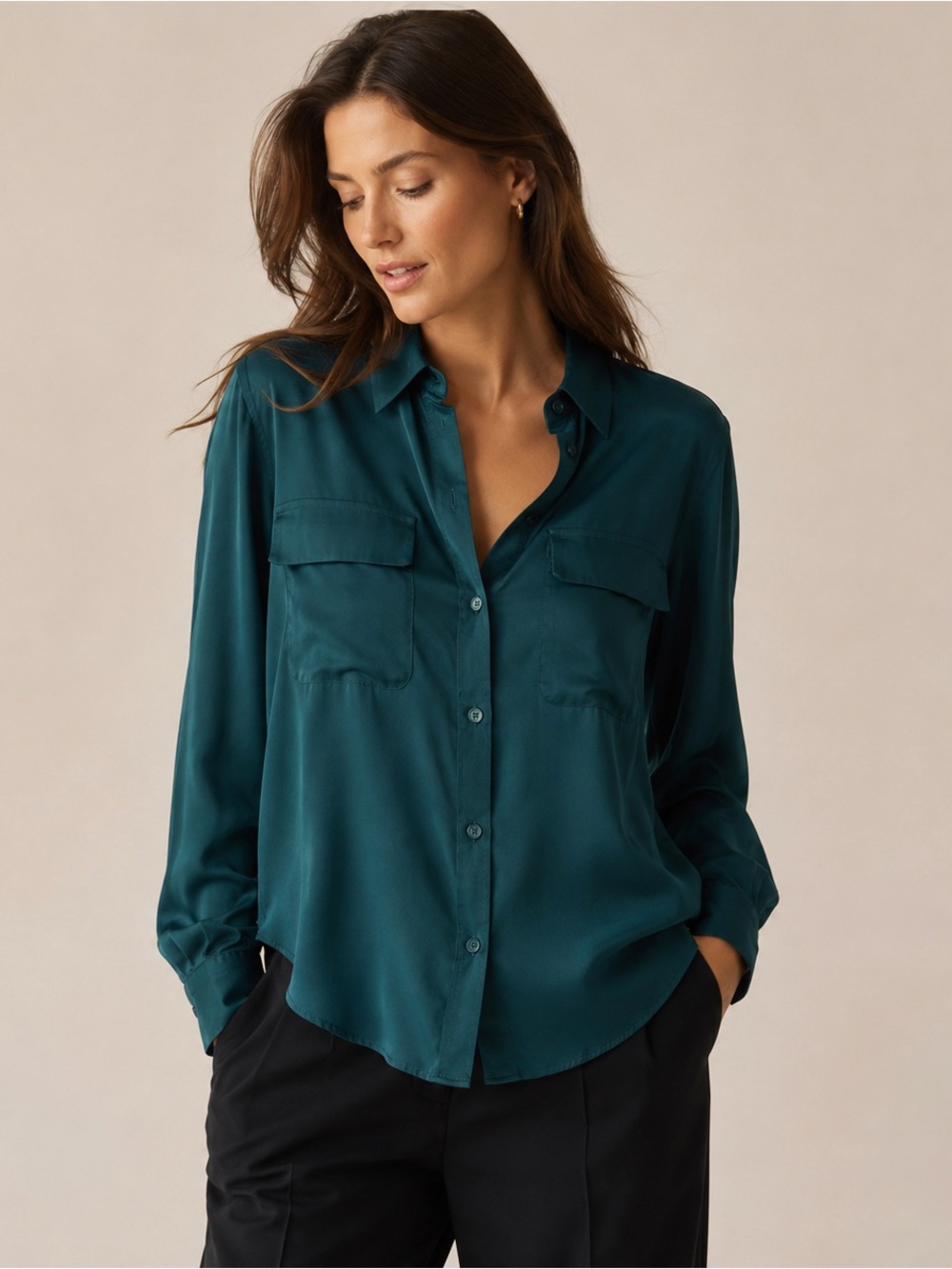 Equipment Teal Green Satin Feel Button Down Shirt XXL Pocket Blouse